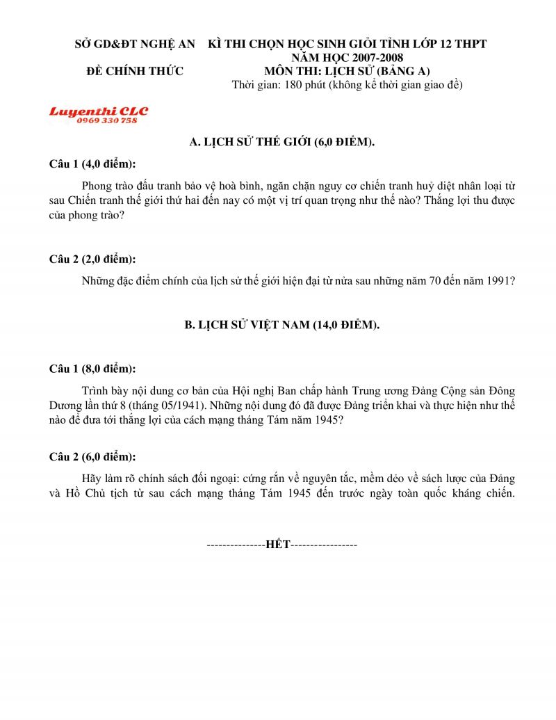 Đề thi chọn HSG môn Lịch Sử Bảng A lớp 12 THPT tỉnh Nghệ An năm 2008