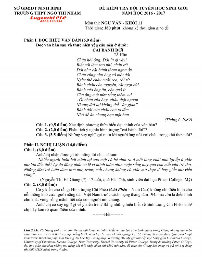 Đề kiểm tra đội tuyển HSG môn Ngữ Văn khối 11 Trường THPT Ngô Thì Nhậm, tỉnh Ninh Bình năm 2016
