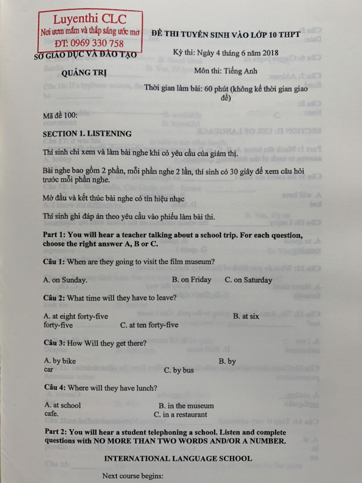 Đề thi tuyển sinh v&agrave;o lớp 10 v&agrave; đ&aacute;p &aacute;n m&ocirc;n Tiếng Anh tỉnh Quảng Trị năm 2018