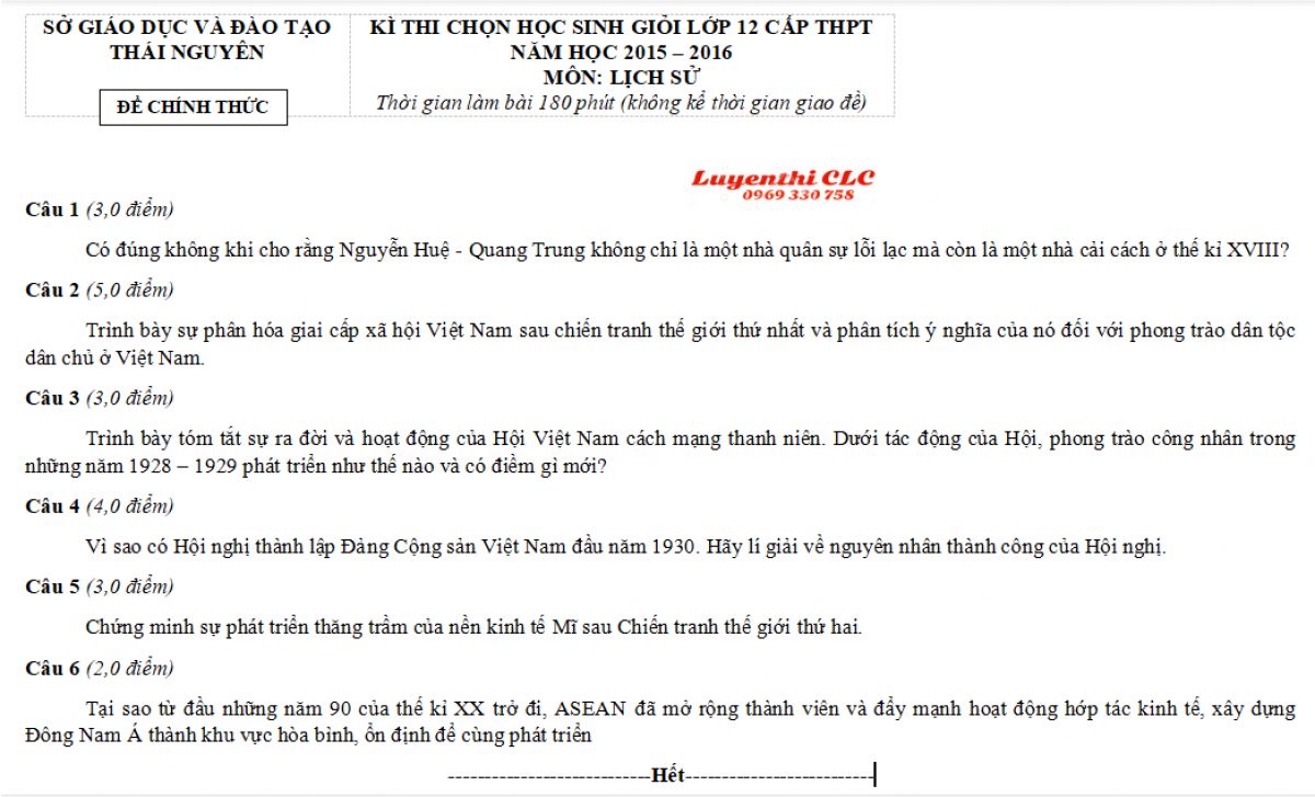 Đề thi chọn HSG lớp 12 cấp THPT môn Lịch Sử tỉnh Thái Nguyên năm 2015