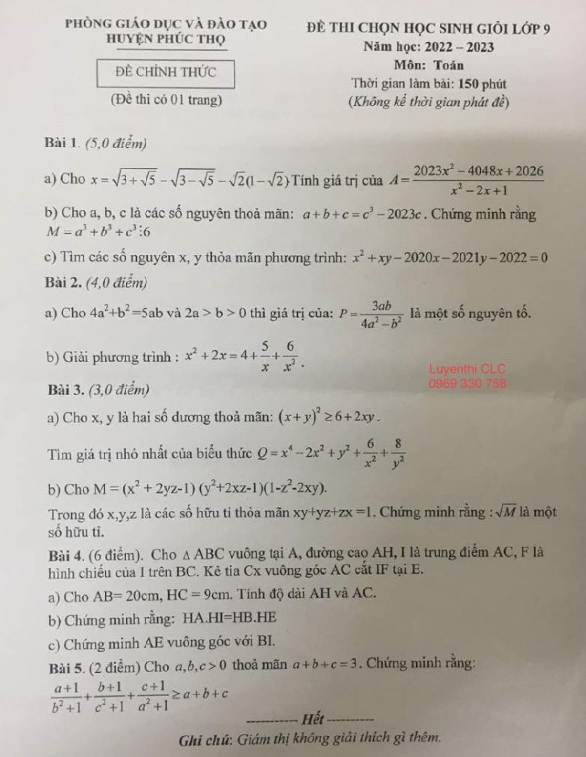 Đề thi chọn HSG môn Toán lớp 9 huyện Phúc Thọ, Hà Nội năm 2022