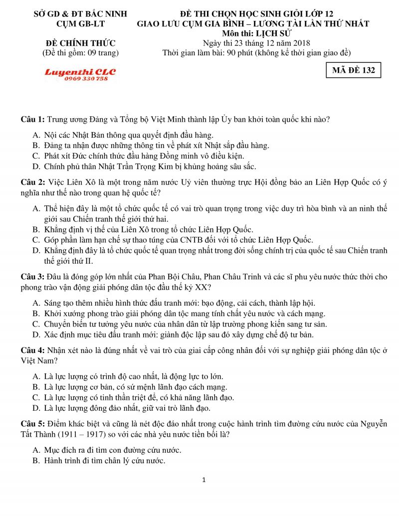 Đề thi chọn HSG môn Lịch Sử lớp 12 tỉnh Bắc Ninh năm 2018