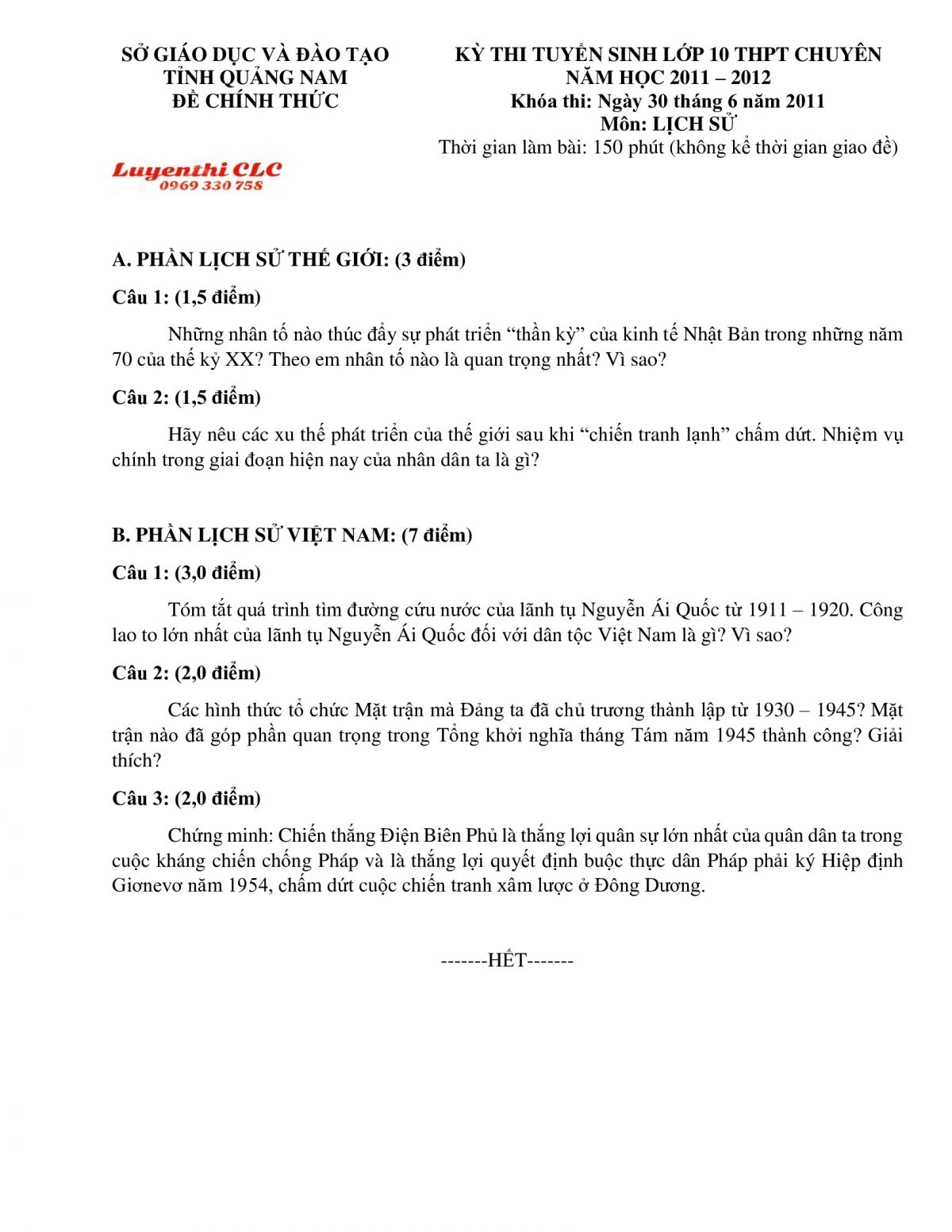 Đề thi tuyển sinh vào lớp 10 THPT CHUYÊN môn Lịch Sử tỉnh Quảng Nam năm 2021