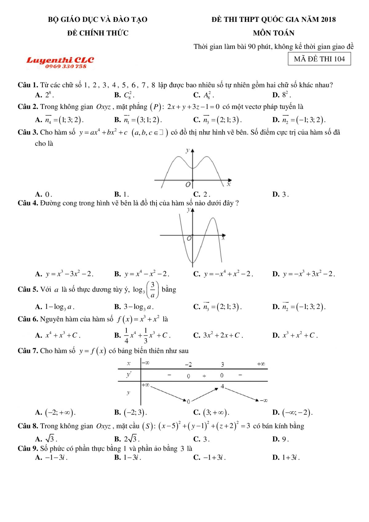 Đề thi THPT Quốc Gia m&ocirc;n To&aacute;n năm 2018