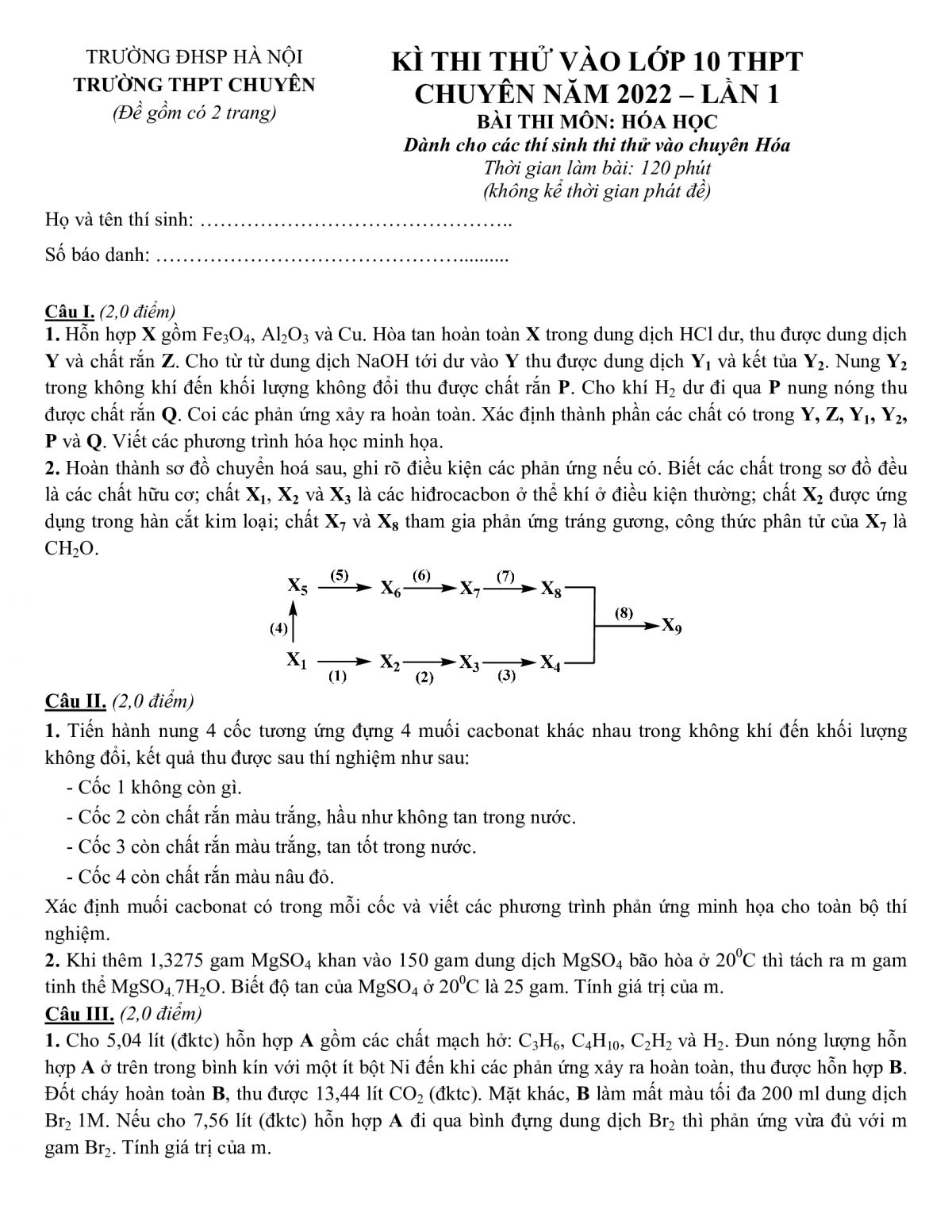 Đề thi thử v&agrave;o lớp 10 THPT m&ocirc;n H&oacute;a Học Trường THPT CHUY&Ecirc;N Đại học Sư phạm H&agrave; Nội năm 2022