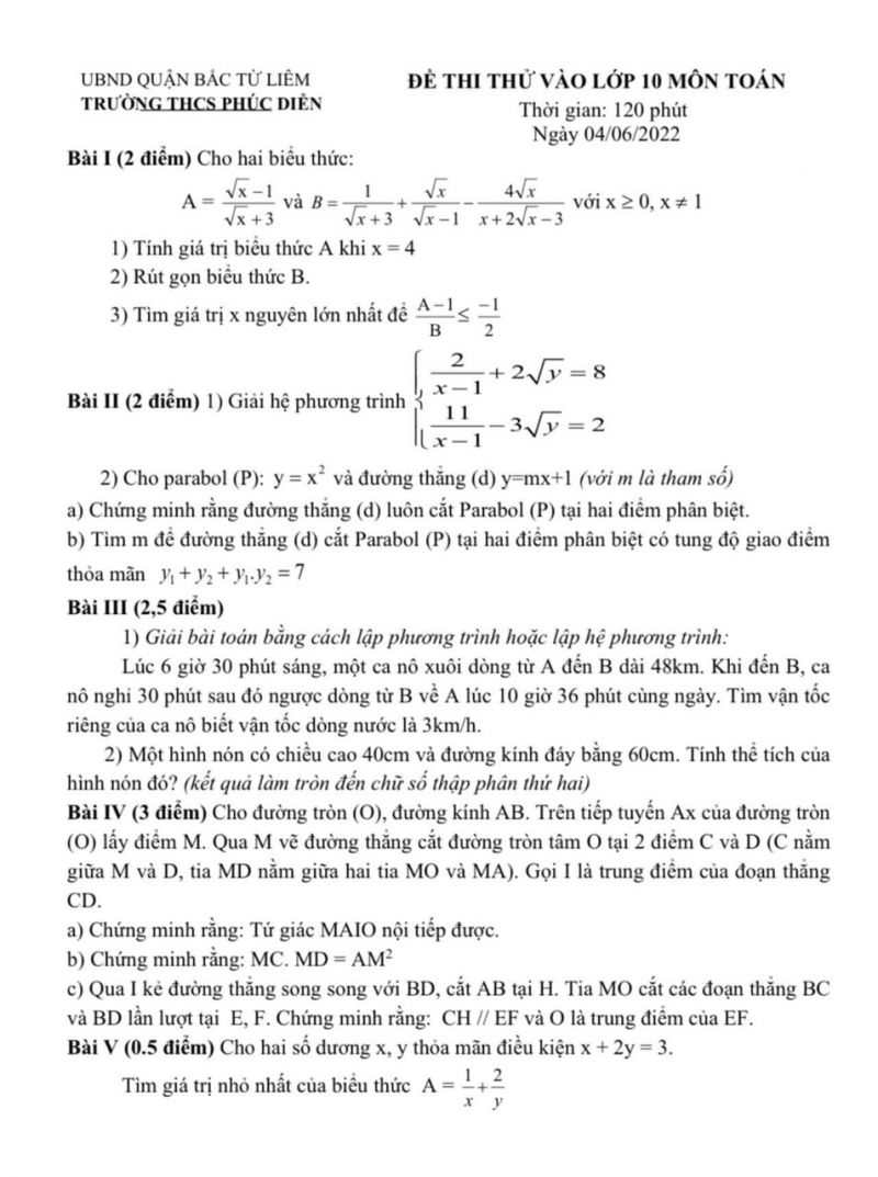 Đề thi tuyển sinh v&agrave;o lớp 10 THPT m&ocirc;n To&aacute;n Trường THCS Ph&uacute;c Diễn, quận Bắc Từ Li&ecirc;m, H&agrave; Nội năm 2022