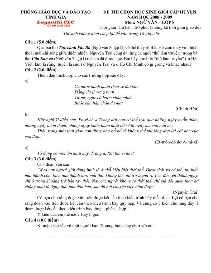 Đề thi chọn HSG môn Ngữ Văn lớp 8 huyện Tĩnh Gia, tỉnh Thanh Hóa năm 2009