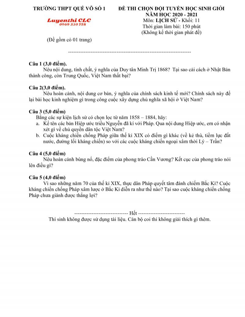 Đề thi chọn HSG m&ocirc;n Lịch Sử lớp 11 Trường THPT Quế V&otilde; 1 tỉnh Bắc Ninh năm 2021
