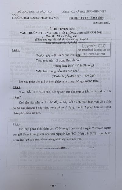 Đề thi tuyển sinh vào Trường THPT CHUYÊN và đáp án môn Ngữ văn Trường Đại học Sư phạm Hà Nội năm 2011