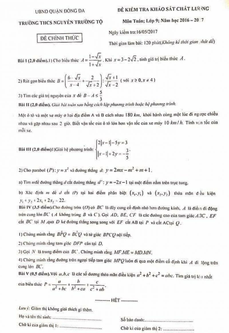 Đề kiểm tra khảo s&aacute;t chất lượng m&ocirc;n To&aacute;n lớp 9 Trường THCS Nguyễn Trường Tộ, quận Đống Đa, H&agrave; Nội năm 2017