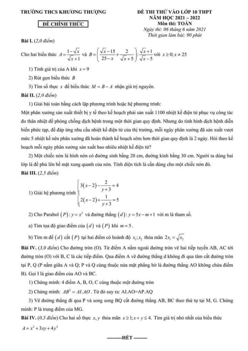 Đề thi thử vào lớp 10 THPT môn Toán Trường THCS Khương Thượng, Hà Nội năm 2021