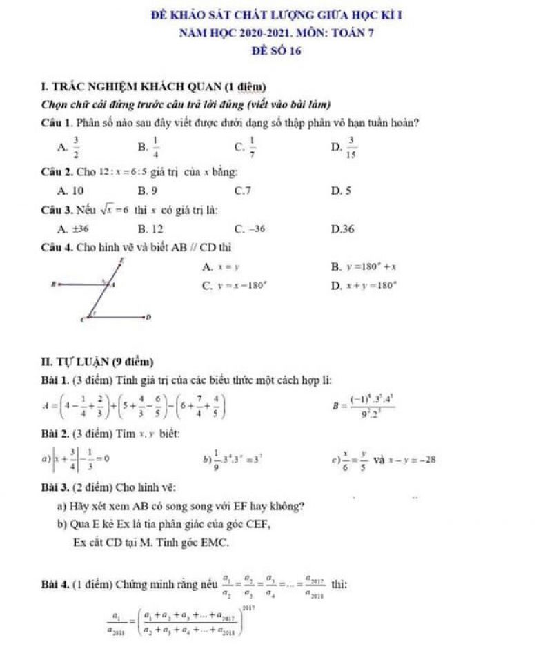 Đề thi khảo sát chất lượng giữa học kì I môn Toán lớp 7 năm 2021. Đề số 16
