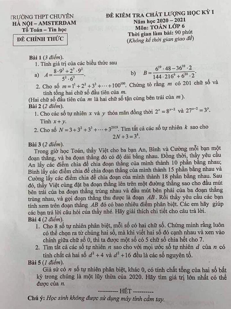 Đề kiểm tra chất lượng học kì I môn Toán lớp 6 Trường THPT CHUYÊN Hà Nội - Amsterdam năm 2020
