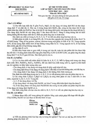 Đề thi tuyển sinh vào lớp 10 THPT môn Hóa Học Trường THPT Chuyên Nguyễn Trãi tỉnh Hải Dương năm 2022