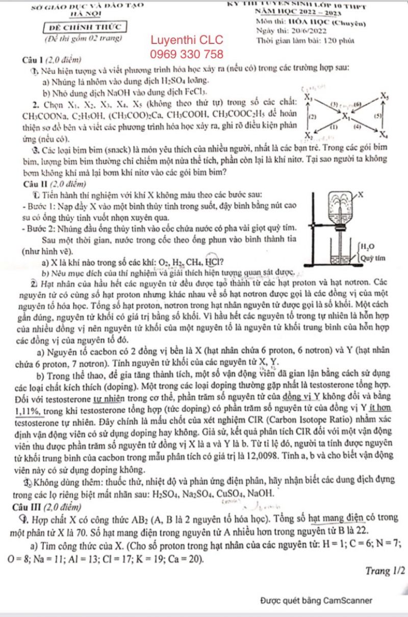 Đề thi tuyển sinh v&agrave;o lớp 10 THPT m&ocirc;n H&oacute;a Học Chuy&ecirc;n tại H&agrave; Nội năm 2022