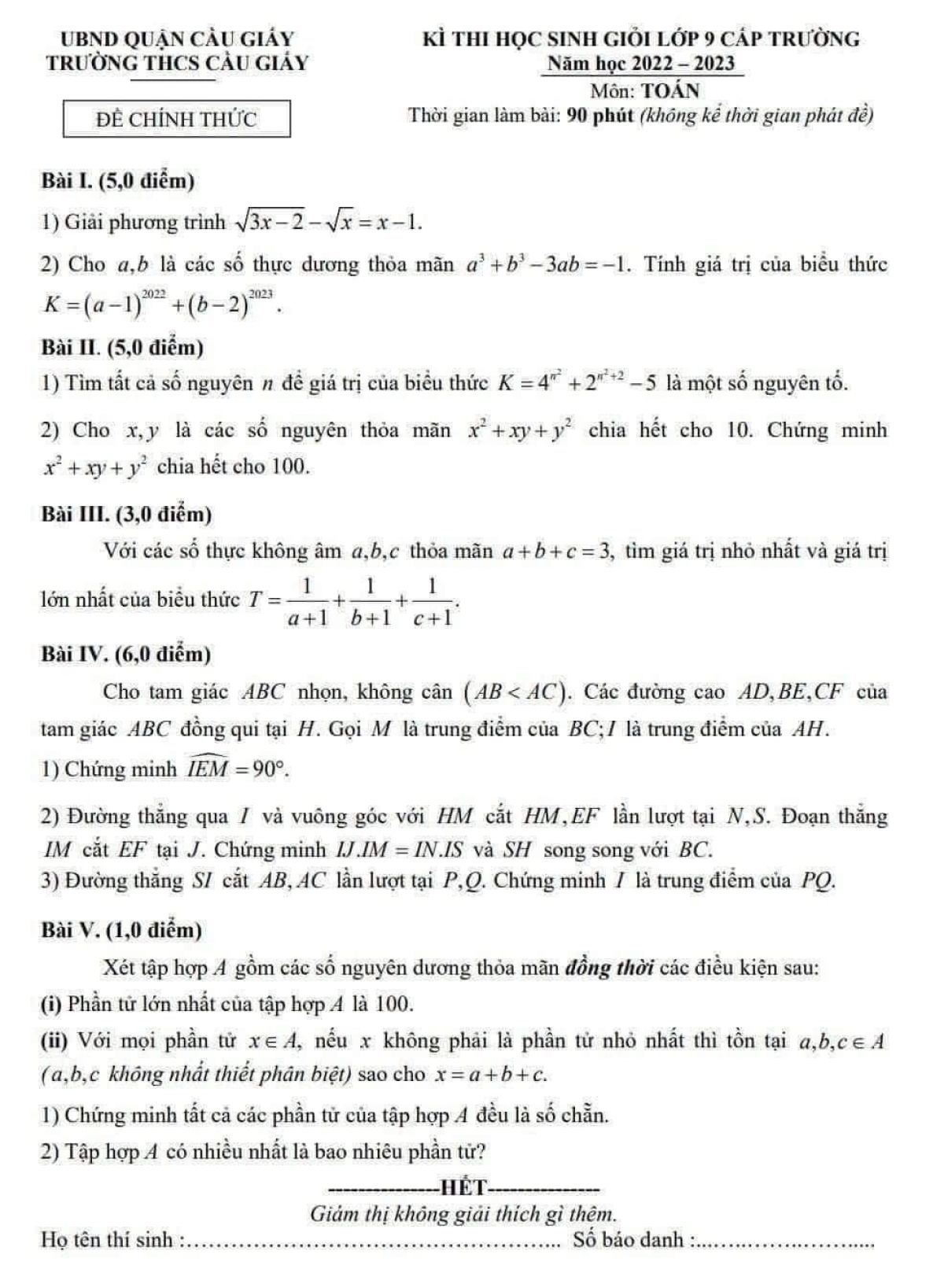 Đề thi chọn HSG m&ocirc;n To&aacute;n lớp 9 Trường THCS Cầu Giấy, quận Cầu Giấy, H&agrave; Nội năm 2022