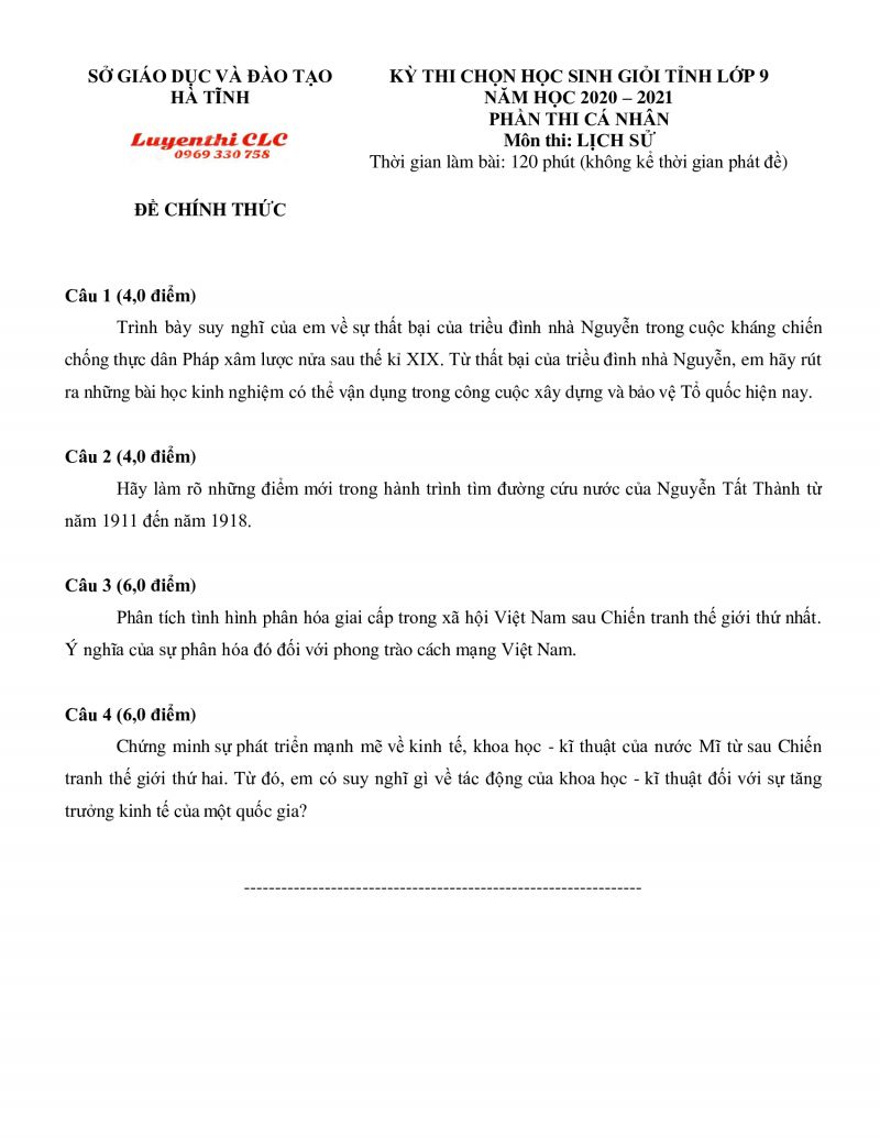 Đề thi chọn HSG môn Địa Lí lớp 9 tỉnh Hà Tĩnh năm 2021