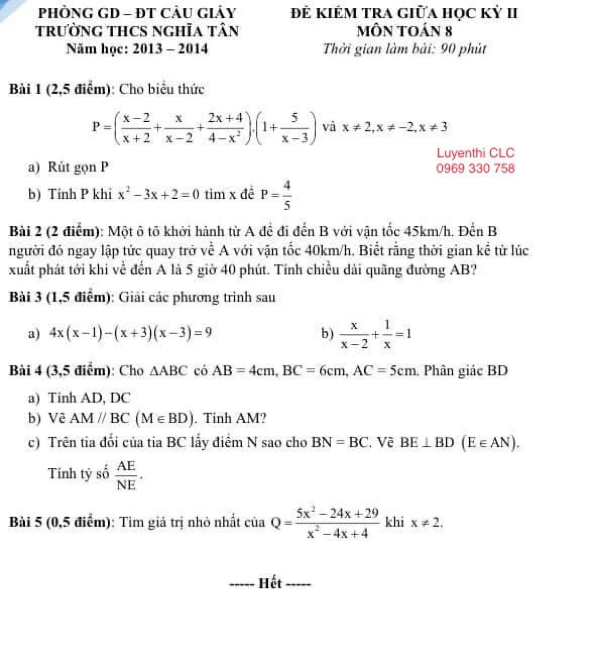 Đề kiểm tra giữa học k&igrave; II m&ocirc;n To&aacute;n lớp 8 Trường THCS Nghĩa T&acirc;n, quận Cầu Giấy, H&agrave; Nội năm 2013