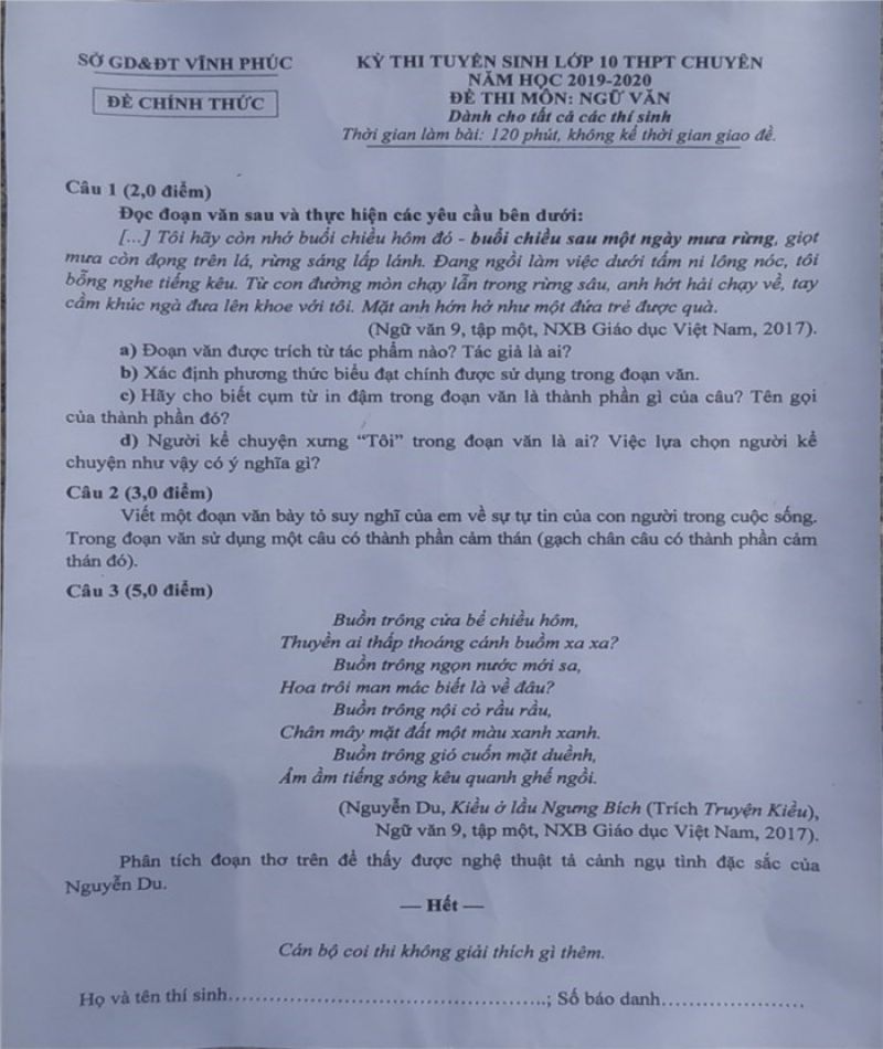 Đề thi tuyển sinh v&agrave;o lớp 10 THTPT CHUY&Ecirc;N m&ocirc;n Ngữ Văn tỉnh Vĩnh Ph&uacute;c năm 2019