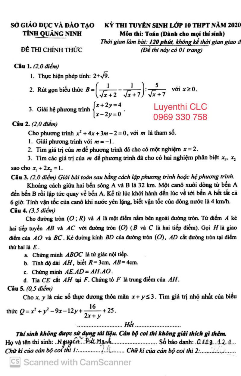 Đề thi tuyển sinh v&agrave;o lớp 10 THPT m&ocirc;n To&aacute;n tỉnh Quảng Ninh năm 2020