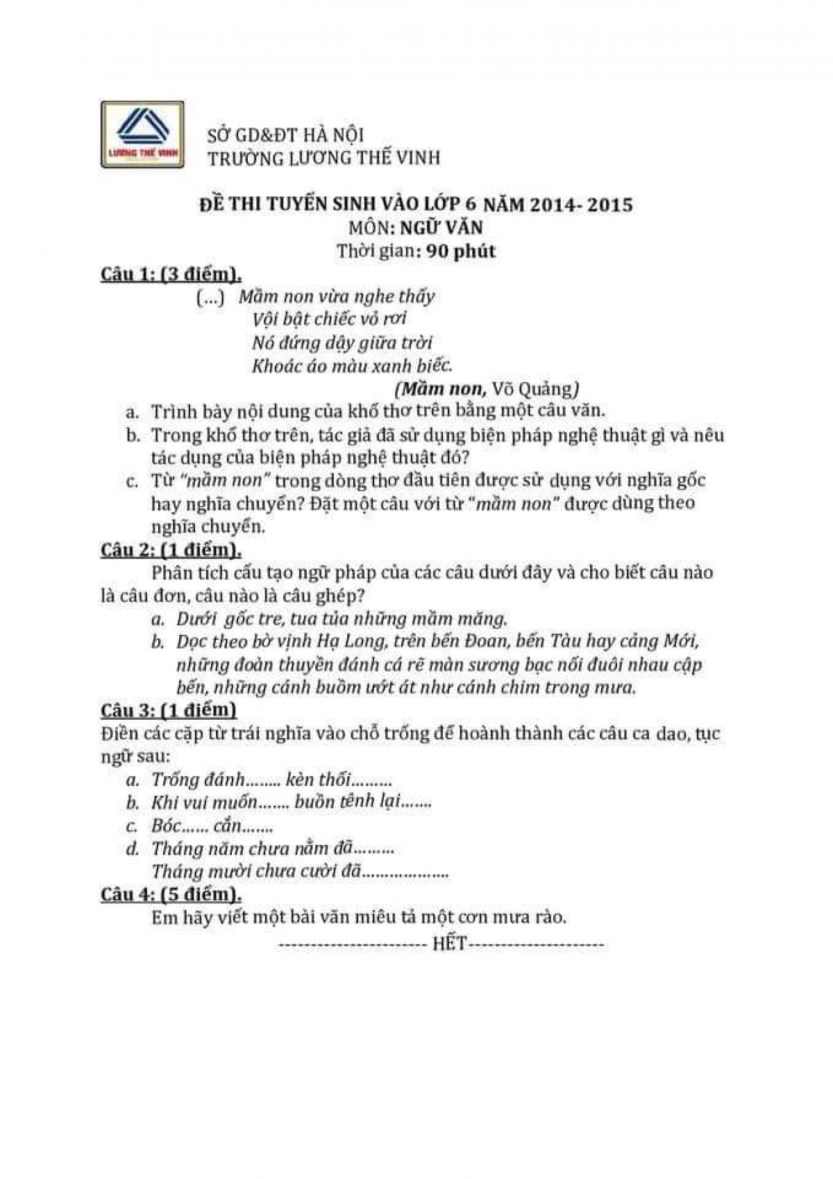 Đề thi tuyển sinh v&agrave;o lớp 6 m&ocirc;n Ngữ Văn Trường Lương Thế Vinh, H&agrave; Nội năm 2015
