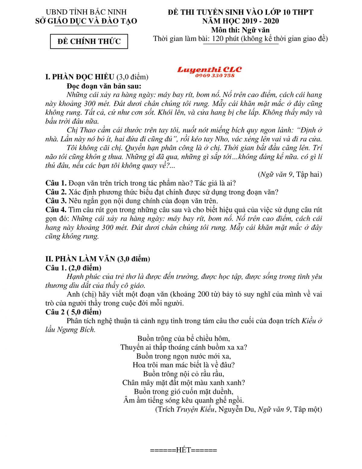 Đề thi tuyển sinh vào lớp 10 THPT môn Ngữ Văn tỉnh Bắc Ninh năm 2019