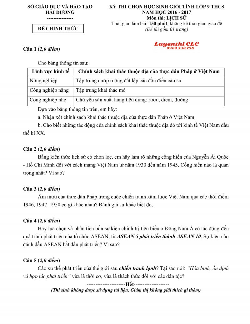 Đề thi HSG tỉnh lớp 9 THCS  và đáp án môn Lịch Sử tỉnh Hải Dương năm 2016