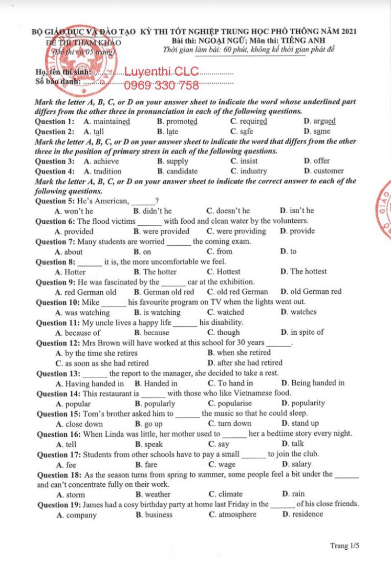 Đề thi tốt nghiệp trung học phổ thông môn Tiếng Anh năm 2021 (Đề tham khảo)