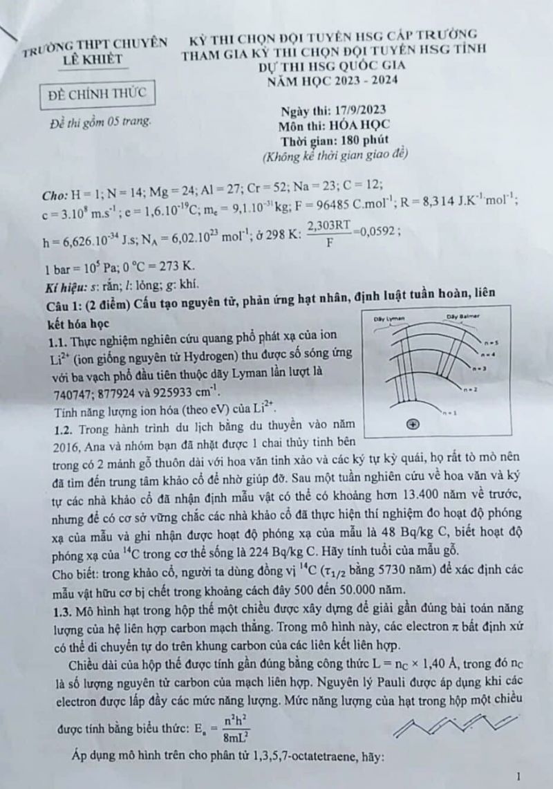 Đề thi chọn đội tuyển dự thi HSG Quốc Gia m&ocirc;n H&oacute;a Học Trường THPT CHUY&Ecirc;N L&ecirc; Khiết năm 2023