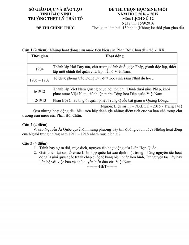 Đề thi chọn HSG v&agrave; đ&aacute;p &aacute;n m&ocirc;n  Lịch Sử 12 Trường THPT L&yacute; Th&aacute;i Tổ tỉnh Bắc Ninh năm 2016