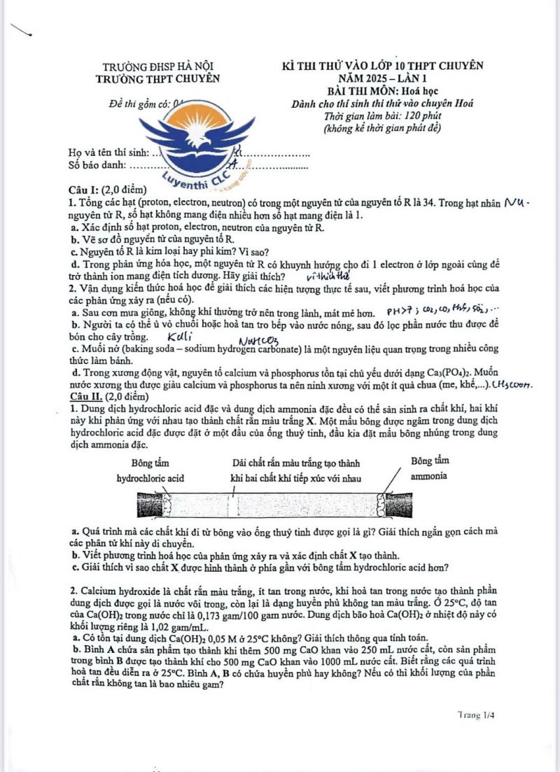 Đề thi thử vào 10 - THPT chuyên Sư phạm môn Hóa năm 2025- lần 1