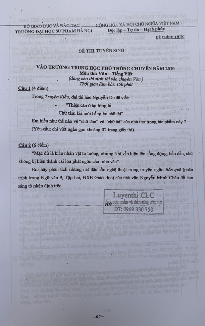 Đề thi tuyển sinh vào Trường THPT CHUYÊN và đáp án môn Ngữ Văn Trường Đại học Sư phạm Hà Nội năm 2010