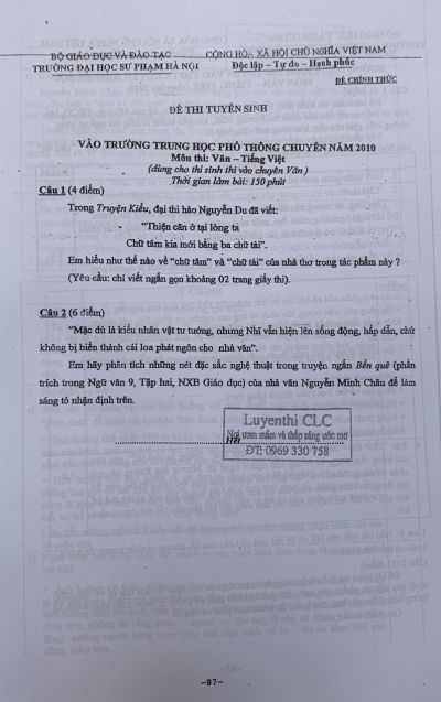 Đề thi tuyển sinh vào Trường THPT CHUYÊN và đáp án môn Ngữ Văn Trường Đại học Sư phạm Hà Nội năm 2010