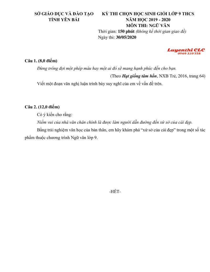 Đề thi chọn HSG lớp 9 THCS m&ocirc;n Ngữ Văn tỉnh Y&ecirc;n B&aacute;i năm 2020
