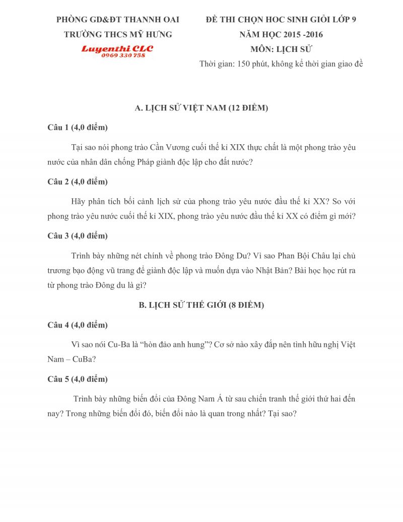 Đề thi chọn HSG lớp 9 môn Lịch Sử Trường THCS Mỹ Hưng huyện Thanh Oai, Hà Nội năm 2015