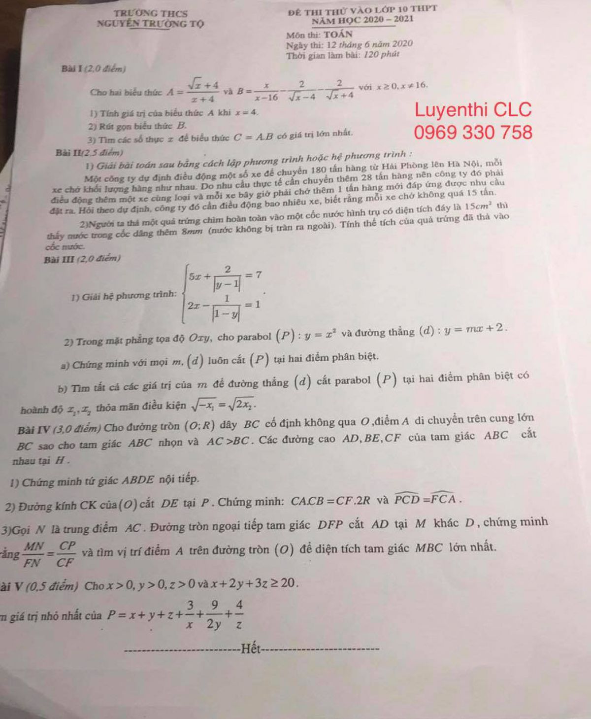 Đề thi thử v&agrave;o lớp 10 THPT m&ocirc;n TO&Aacute;N Trường THCS Nguyễn Trường Tộ năm 2020