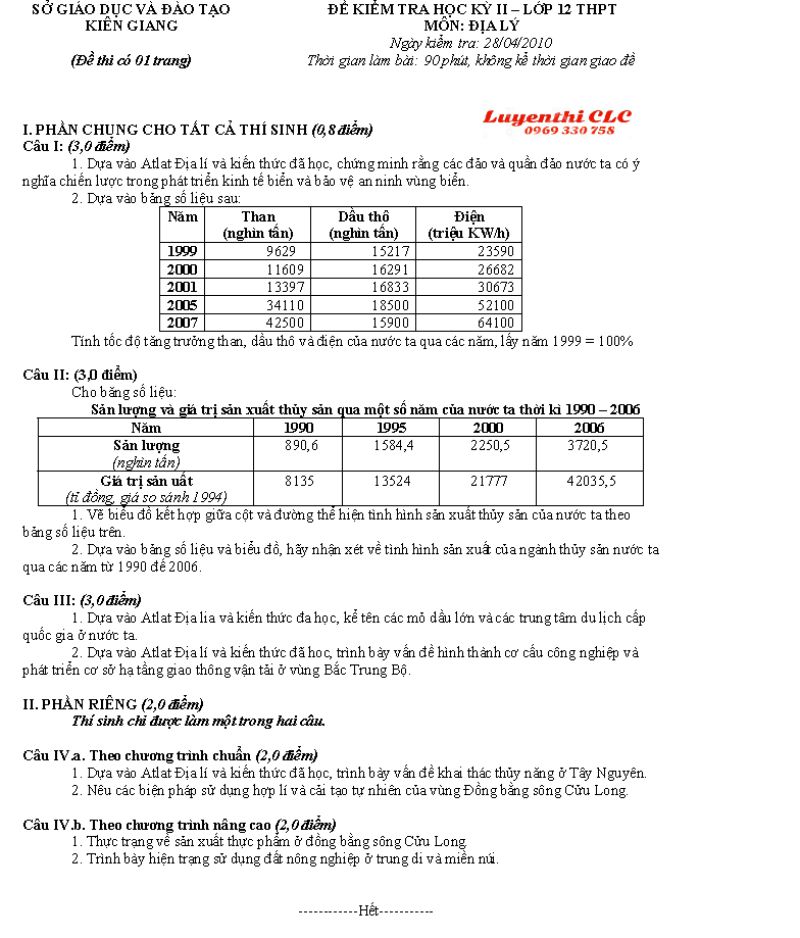 Đề thi kiểm tra học kì II lớp 12 THPT môn Địa Lý tỉnh Kiên Giang năm 2010