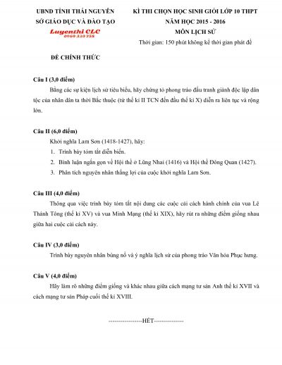 Đề thi chọn HSG lớp 10 THPT môn Lịch Sử tỉnh Thái Nguyên năm 2015