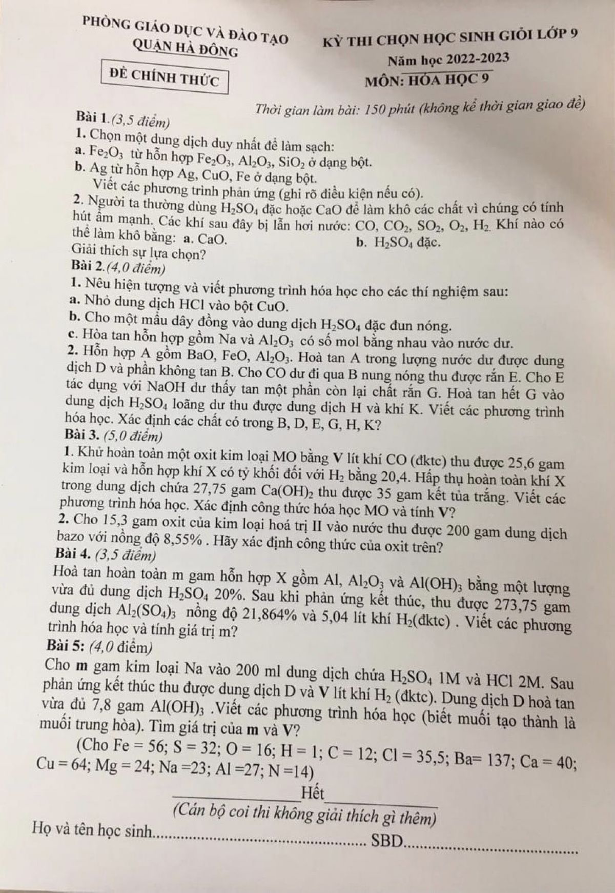 Đề thi chọn HSG m&ocirc;n H&oacute;a Học lớp 9 quận H&agrave; Đ&ocirc;ng, H&agrave; Nội năm 2022