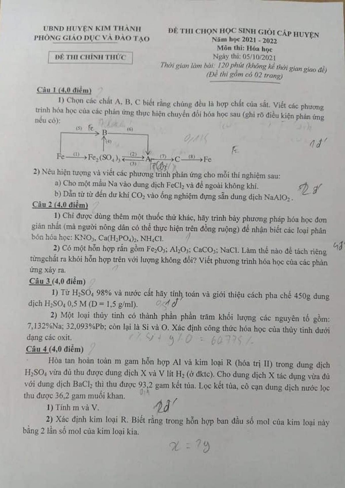 Đề thi chọn HSG môn Hóa Học huyện Kim Thành tỉnh Hải Dương năm 2021