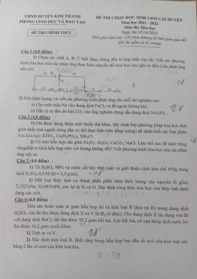Đề thi chọn HSG môn Hóa Học huyện Kim Thành tỉnh Hải Dương năm 2021