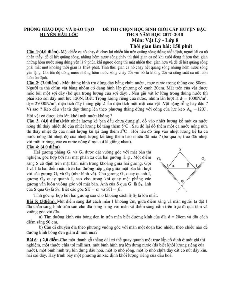 Đề thi chọn HSG môn Vật Lý lớp 8 huyện Hậu Lộc tỉnh Thanh Hóa năm 2018