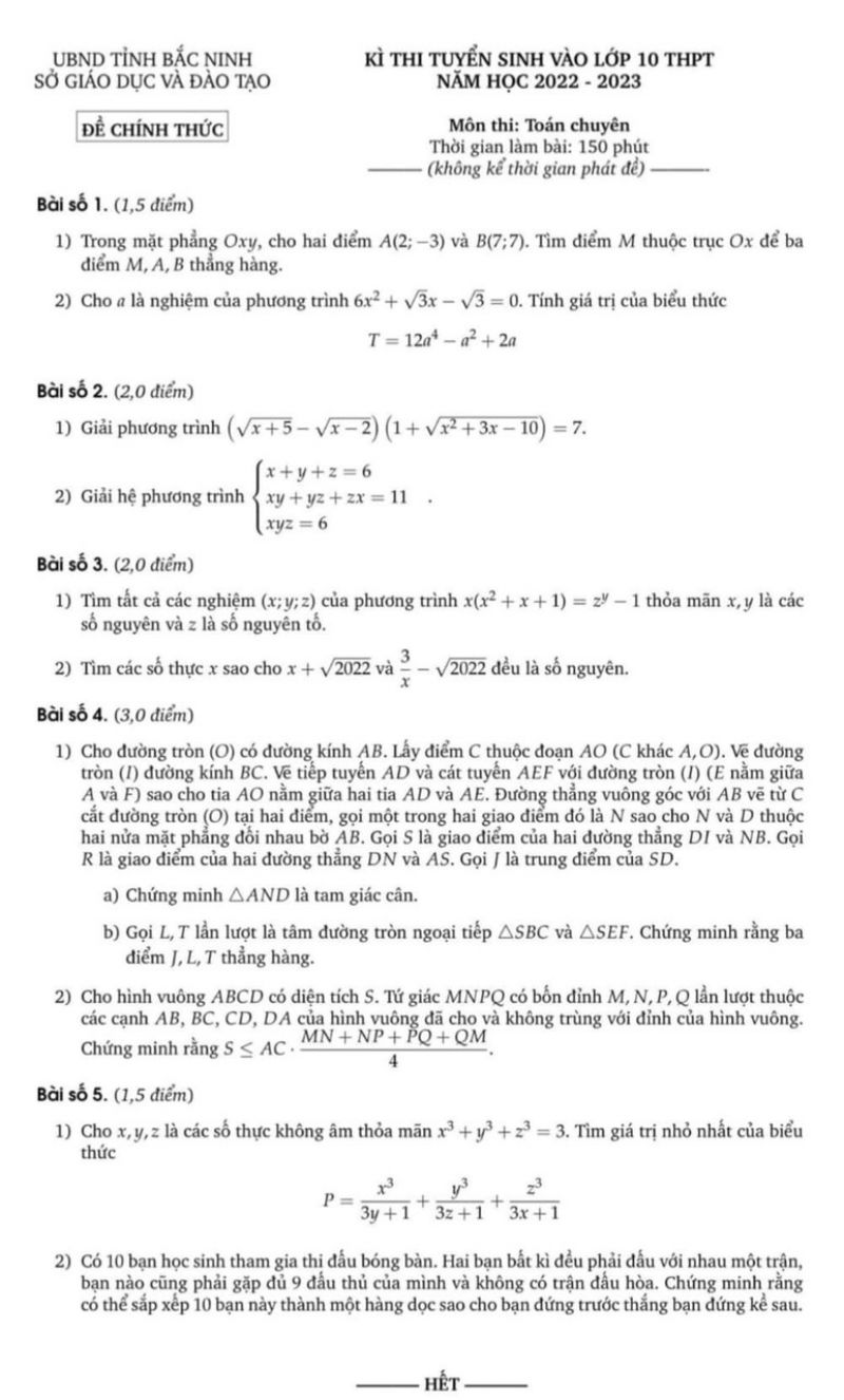 Đề thi tuyển sinh vào lớp 10 THPT môn Toán Chuyên tỉnh Bắc Ninh năm 2022