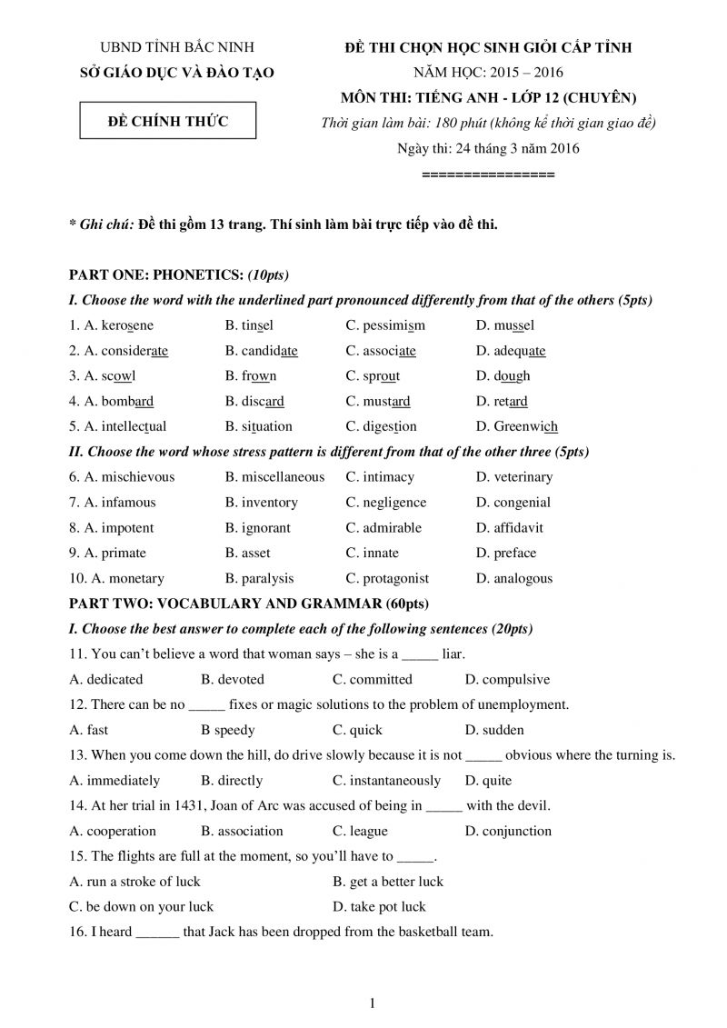 Đề thi chọn HSG môn Tiếng Anh lớp 12 Chuyên tỉnh Bắc Ninh năm 2016