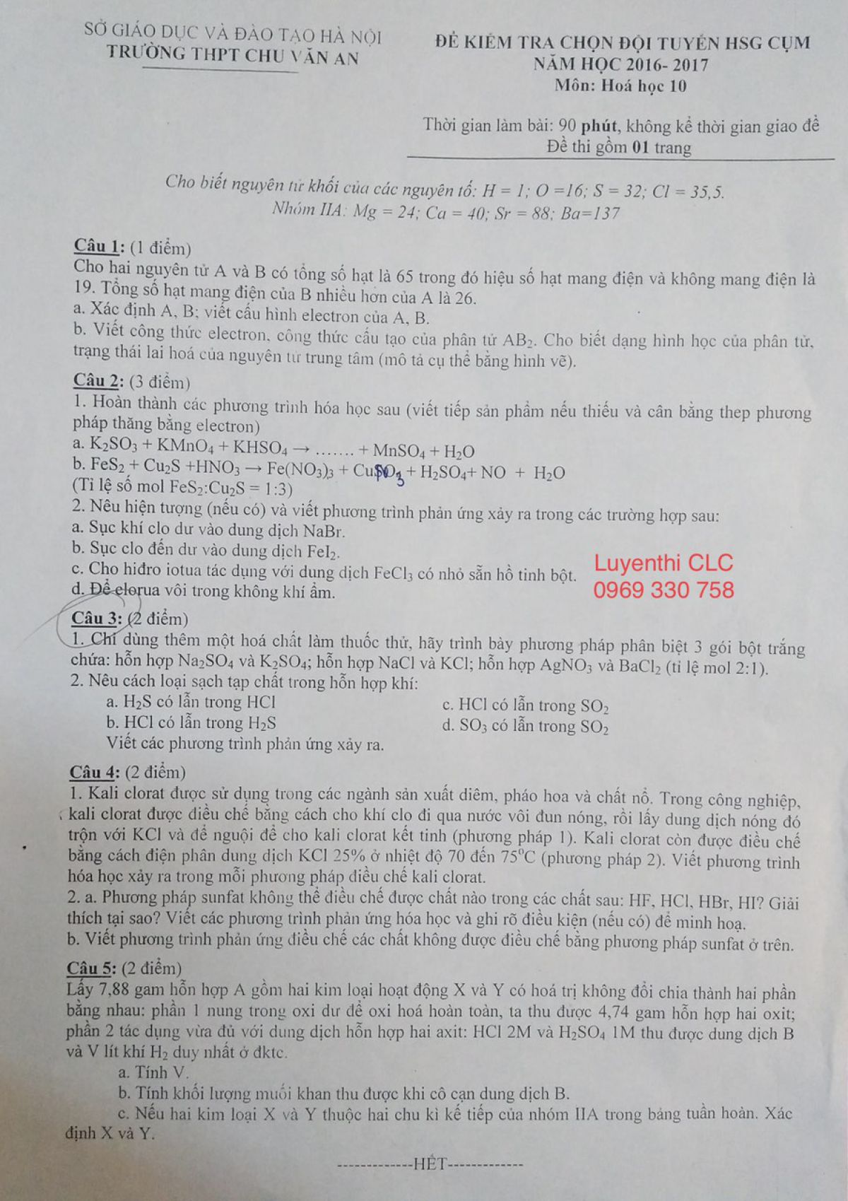 Đề kiểm tra chọn đội tuyển HSG m&ocirc;n H&oacute;a Học lớp 10 Trường THPT Chu Văn An, H&agrave; Nội năm 2017