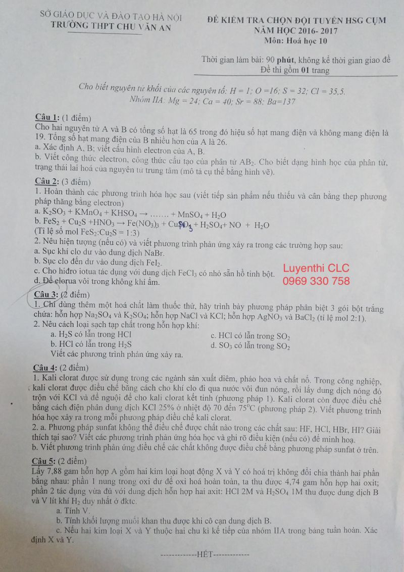 Đề kiểm tra chọn đội tuyển HSG môn Hóa Học lớp 10 Trường THPT Chu Văn An, Hà Nội năm 2017