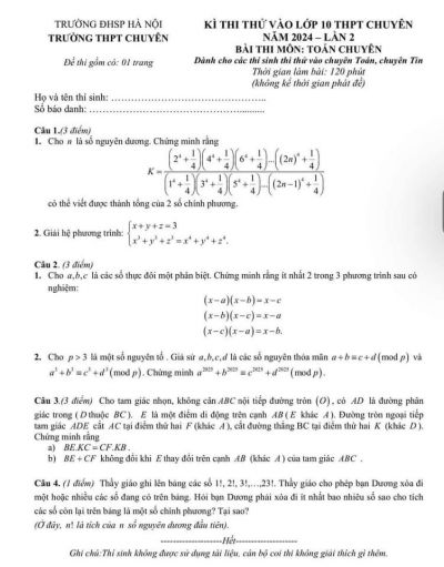 Đề thi thử môn Toán Chuyên vào lớp 10 THPT chuyên- ĐHSP Hà Nội năm 2024
