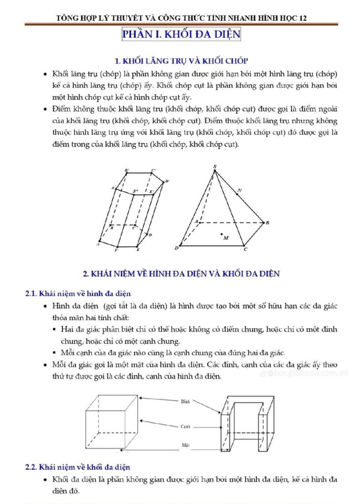 Tổng hợp lý thuyết và công thức tính nhanh hình học 12