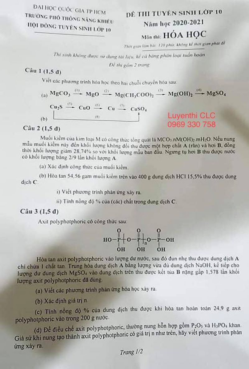 Đề thi tuyển sinh vào lớp 10  THPT môn HÓA HỌC Đại học Quốc Gia TP Hồ Chí Minh NĂM 2020