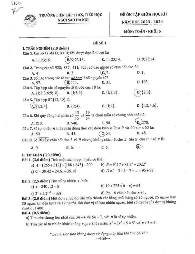 Tuyển tập đề &ocirc;n tập giữa học k&igrave; I m&ocirc;n To&aacute;n khối 6 Trường Li&ecirc;n cấp THCS, Tiểu học Ng&ocirc;i Sao H&agrave; Nội năm 2023